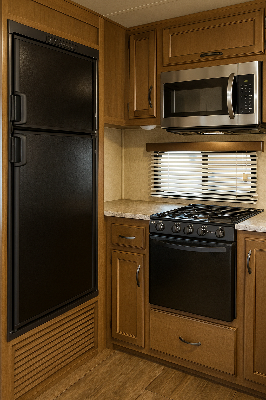 RV kitchen appliances (fridge, stove, microwave)